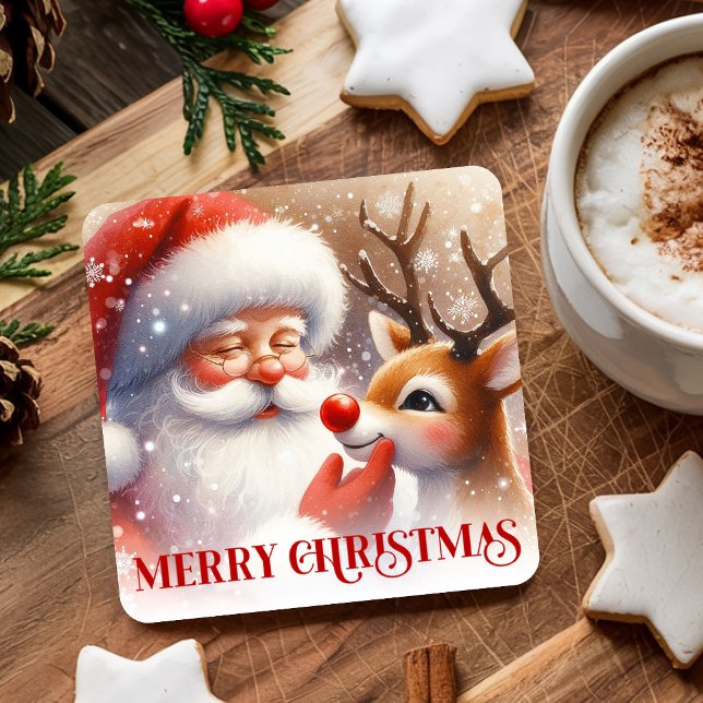 Cartoon Santa and Rudolph Cute Christmas Coasters Rechteckiger Pappuntersetzer (Cartoon Santa and Rudolph Cute Christmas Coasters)