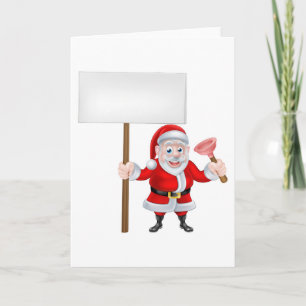 Cartoon Santa Holding Zeichen und Plunger Feiertagskarte