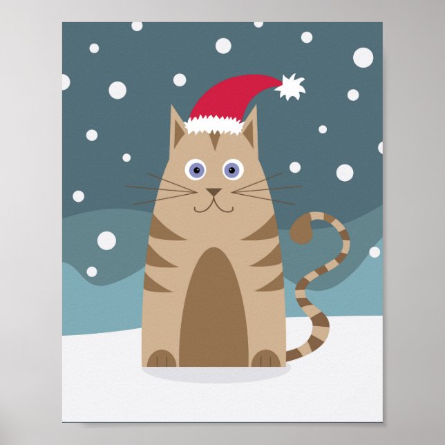 Cartoon santa kitten in der Schneeberglandschaft Poster (Vorne)