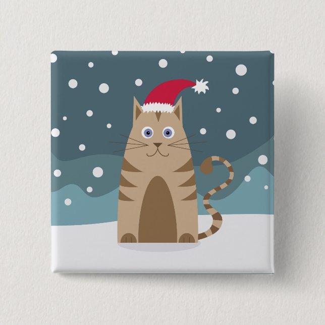 Cartoon santa kitten in Schneewald Button (Vorderseite)