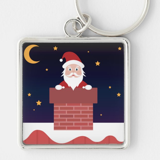 Cartoon Santa kommt am Weihnachtsabend in die Stad Schlüsselanhänger (Vorne)