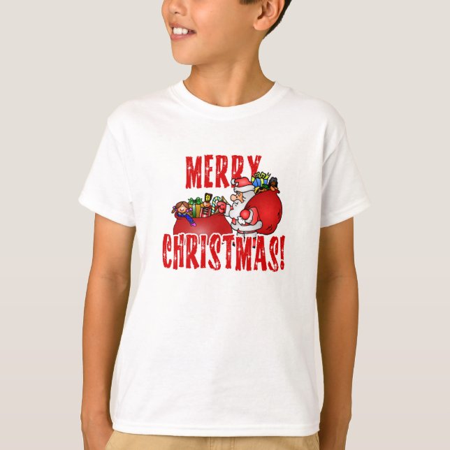 Cartoon Santa und Taschen von Weihnachtsspielzeug T-Shirt (Vorderseite)