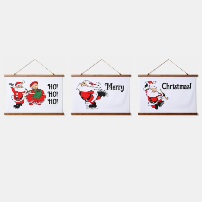 Cartoon Santas Three Panel Wandteppich Mit Holzrahmen (Dreifach)
