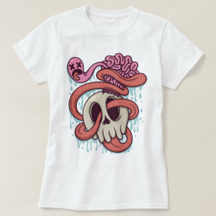 Cartoon Schädel mit Gehirn und Zunge T-Shirt