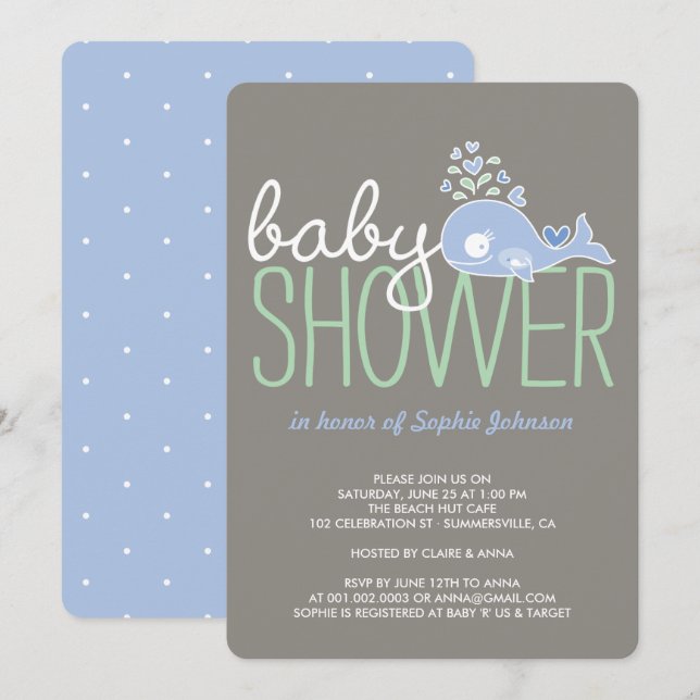 Cartoon Schwangere Blue Mommy Whale Boy Baby Dusch Einladung (Vorne/Hinten)