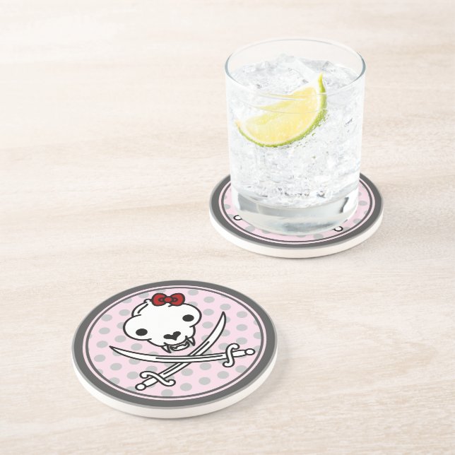 Cartoon Schwarz-weiß Jolly Kitty Pirate Skull Bone Getränkeuntersetzer (Seite)