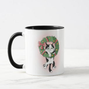 Cartoon Schwarz-Weiß-Weihnachtsmann-Katze Tasse