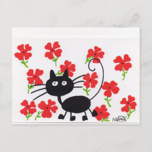 Cartoon Schwarze Katze und rote Blume Postkarte