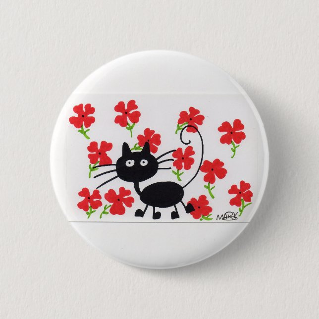 Cartoon-schwarze Katze und rote Blumen Button (Vorderseite)