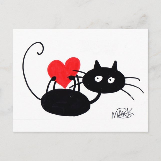 Cartoon Schwarze Katze und rotes Herz Postkarte (Vorderseite)