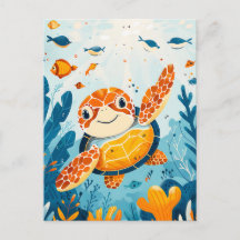 Cartoon Sea Turtle Swims in Kelp Forest