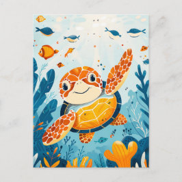 Cartoon Sea Turtle Swims in Kelp Forest Postkarte