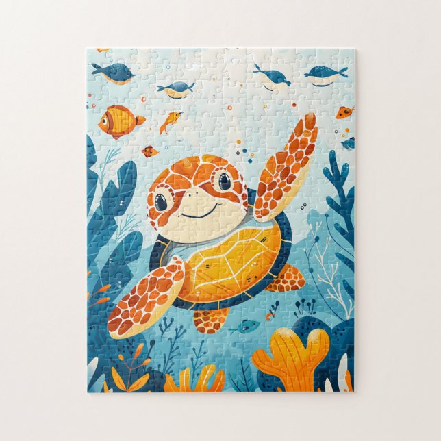 Cartoon Sea Turtle Swims in Kelp Forest Puzzle (Vertikal)