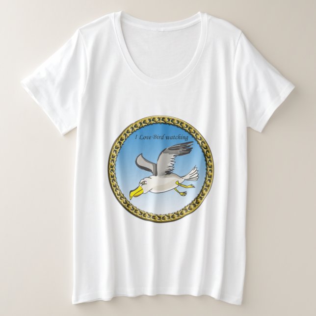 Cartoon Seagull mit Goldrahmen Große Größe T-Shirt (Design vorne)