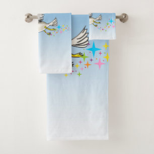 Cartoon Seagull über Kopf mit blauem Himmel Badhandtuch Set