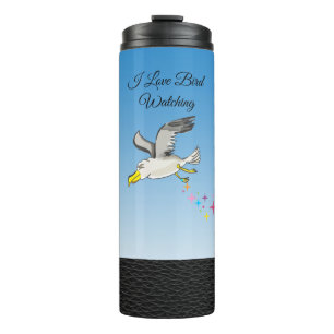 Cartoon Seagull über Kopf mit blauem Himmel Thermosbecher