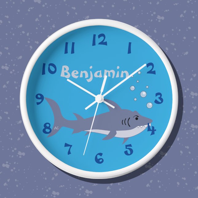 Cartoon Shark Blue Nursery Room Wall Clock Uhr (Cute nursery room clock with name .)