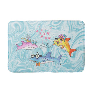 Cartoon Shark Family Blue Waves Bath Mat Badematte