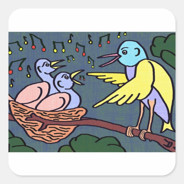 Cartoon singen in einem Baum Quadratischer Aufkleber (Vorderseite)