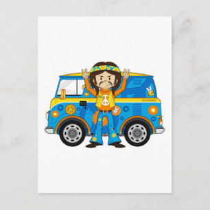 Cartoon Sixties Peace Hippie und Van Postkarte