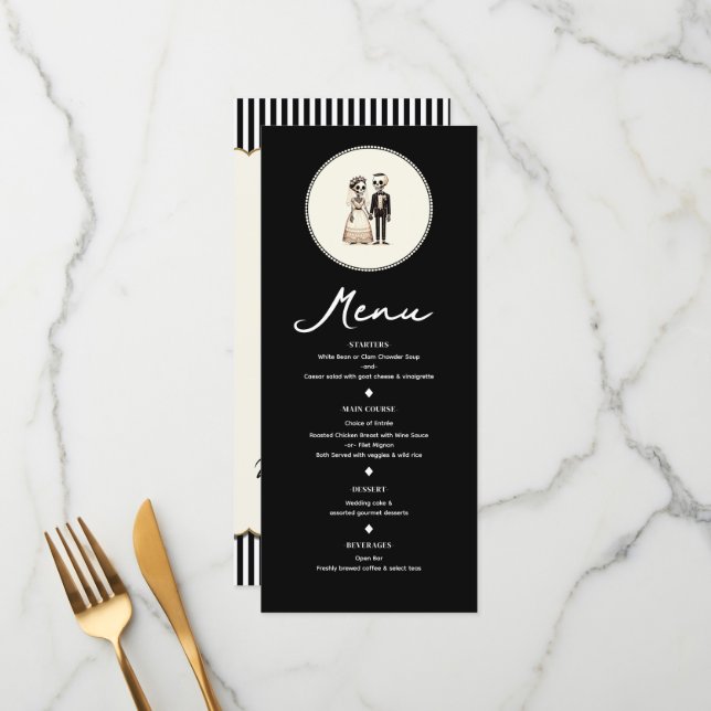 Cartoon Skeleton Bride + Groom Wedding Menu Menükarte (Vorderseite/Rückseite Beispiel)