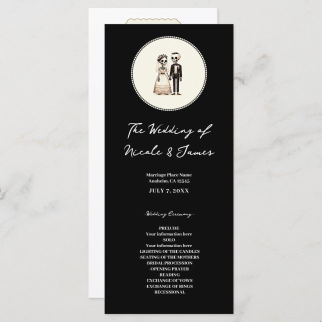 Cartoon Skeleton Bride + Groom Wedding Menu Programm (Vorne/Hinten)