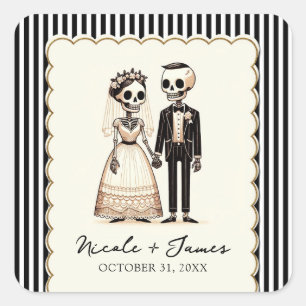 Cartoon Skelettbrücke + Groom Whimsical Wedding Quadratischer Aufkleber