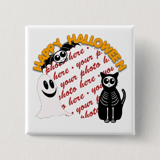 Cartoon Skelettkat, Bat & Ghost Foto Rahmen Button (Vorderseite)