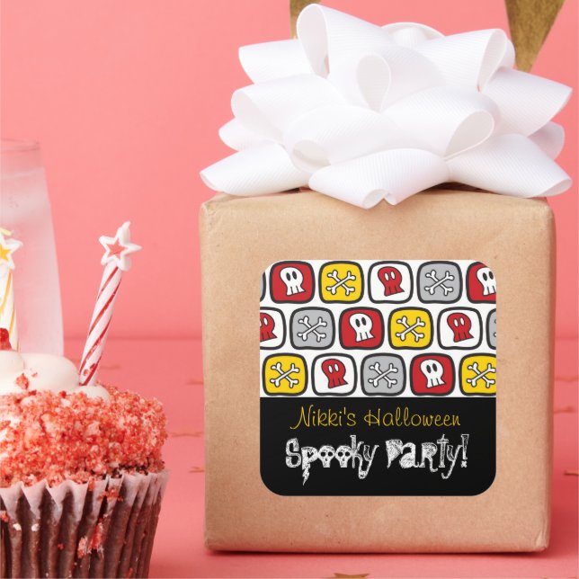 Cartoon Skulls and Bones Kid's Halloween-Party Quadratischer Aufkleber (Party)