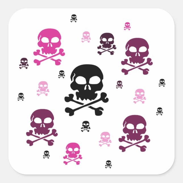 Cartoon Skulls Collage - Rosa Quadratischer Aufkleber (Vorderseite)