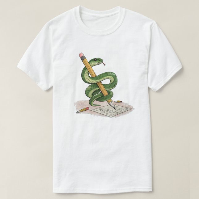 Cartoon Snake Wrapped Around Pencil – Hand-Drawn T-Shirt (Design vorne)