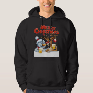 Cartoon Snowman und Rentier Genießen Bier Hoodie