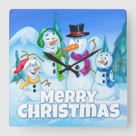 Cartoon Snowmen Quadratische Wanduhr