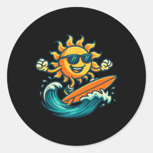 Cartoon Sonne Surft Sommer Strand Wellen Kunst Runder Aufkleber