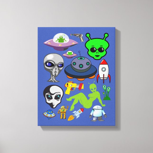 Cartoon Space Außerirdischen Grays UFO Art Collage Leinwanddruck (Vorderseite)