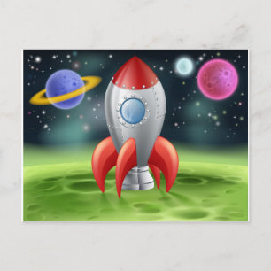 Cartoon Space Rocket auf Alien Planet Postkarte