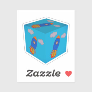 Cartoon Space Rocket Fliegen und Blue Sky Cube Aufkleber
