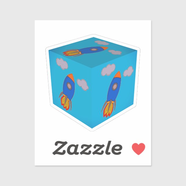 Cartoon Space Rocket Fliegen und Blue Sky Cube Aufkleber (Blatt)