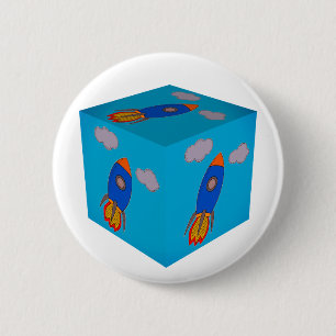 Cartoon Space Rocket Fliegen und Blue Sky Cube Button