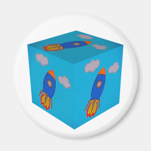 Cartoon Space Rocket Fliegen und Blue Sky Cube Magnet