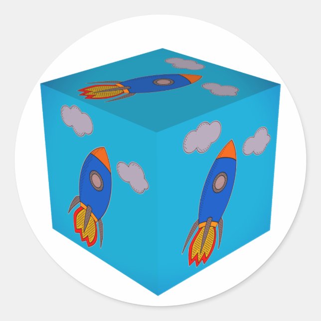 Cartoon Space Rocket Fliegen und Blue Sky Cube Runder Aufkleber (Vorderseite)