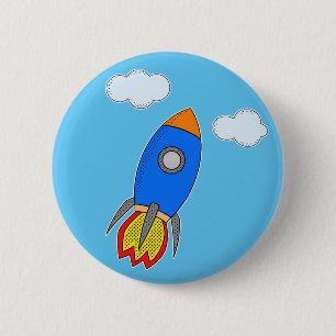 Cartoon Space Rocket in Blue Sky Button