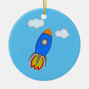 Cartoon Space Rocket in Blue Sky Keramik Ornament