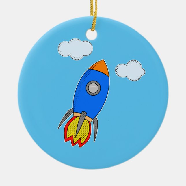 Cartoon Space Rocket in Blue Sky Keramik Ornament (Vorne)