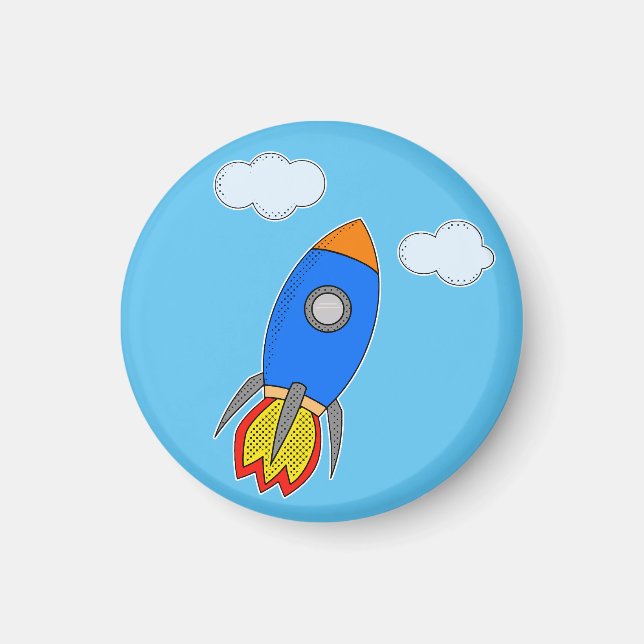 Cartoon Space Rocket in Blue Sky Magnet (Vorne)