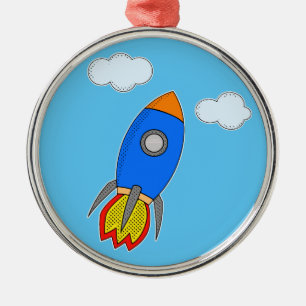 Cartoon Space Rocket in Blue Sky Ornament Aus Metall