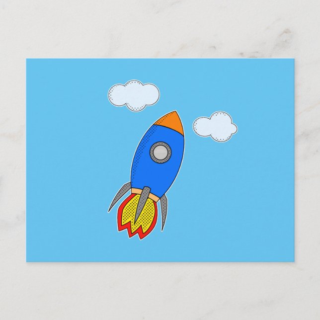 Cartoon Space Rocket in Blue Sky Postkarte (Vorderseite)