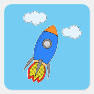 Cartoon Space Rocket in Blue Sky Quadratischer Aufkleber