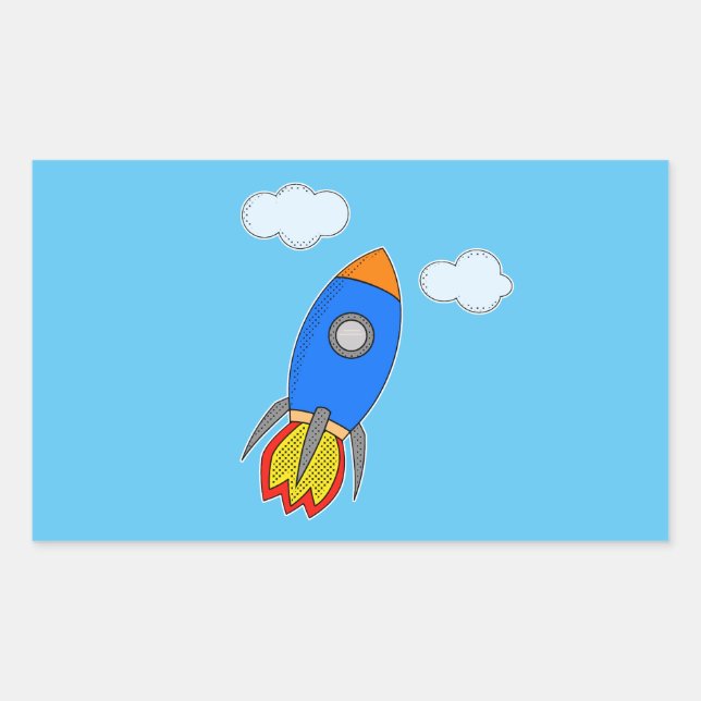 Cartoon Space Rocket in Blue Sky Rechteckiger Aufkleber (Vorderseite)