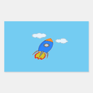 Cartoon Space Rocket in Blue Sky Rechteckiger Aufkleber